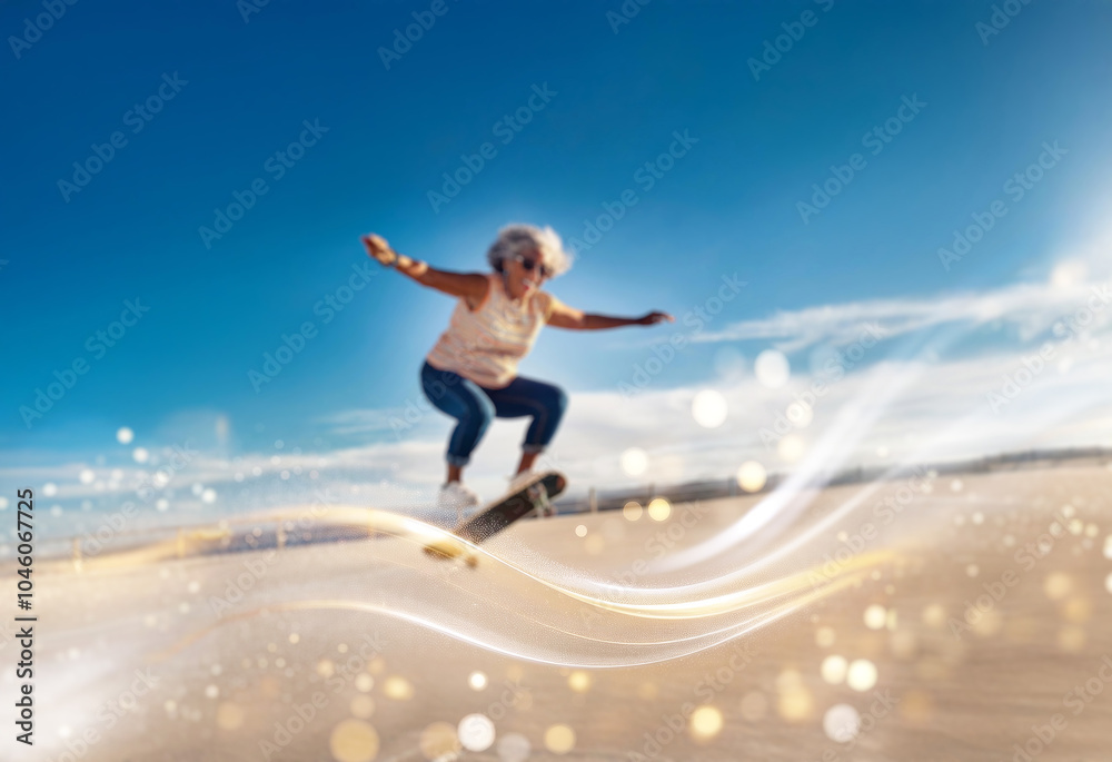 A senior woman is skateboarding in a sunny, outdoor setting, with a wave of light blurring behind her. A senior woman is skateboarding in a sunny, outdoor setting, with a wave of light blurring behind her.