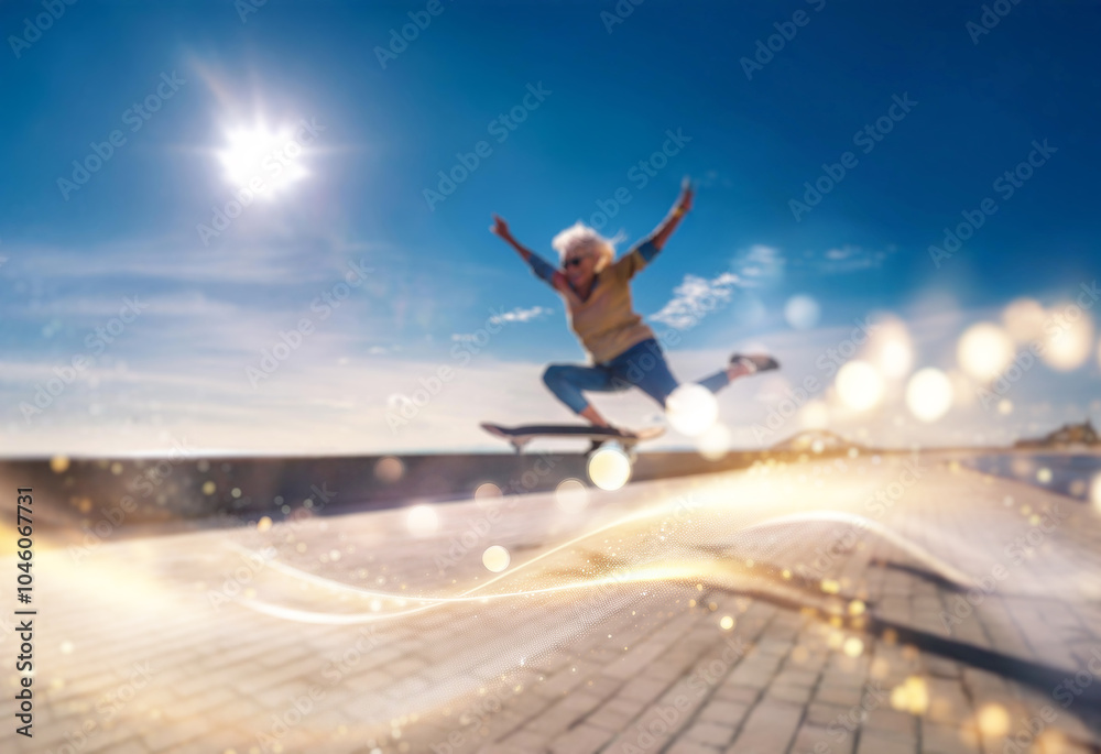 An elderly woman with white hair and sunglasses jumps on a skateboard with her arms outstretched. The sky is bright blue with a glowing sun, and the ground is a paved walkway. An elderly woman with white hair and sunglasses jumps on a skateboard with her arms outstretched. The sky is bright blue with a glowing sun, and the ground is a paved walkway.