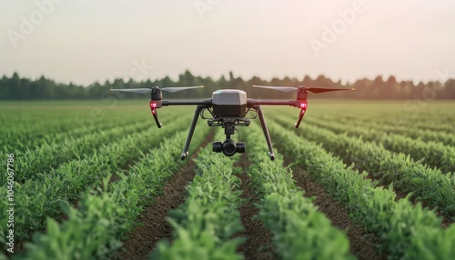 Drone surveying a green agricultural field for crop monitoring.