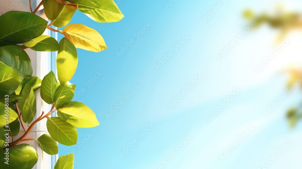 Fototapeta premium Vibrant green leaves bask in the sunlight, framed by a clear blue sky, invoking a sense of tranquility and connection with nature's beauty and peace.