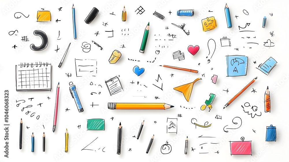 Vibrant hand drawn crayon and pencil scribbles squares arrows and spiral designs in a playful energetic composition  Perfect for children s and school supplies DIY decor and other creative projects