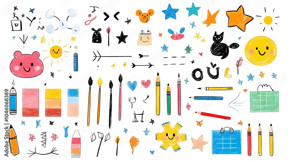 Collection of hand drawn art elements in a crayon and chalk style including pastel textures spiral shapes arrows and playful brush strokes perfect for kids designs education materials Collection of hand drawn art elements in a crayon and chalk style including pastel textures spiral shapes arrows and playful brush strokes perfect for kids designs education materials