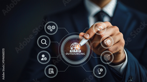 Business executive using a digital interface to manage outsourcing services, featuring interactive icons for various functions.