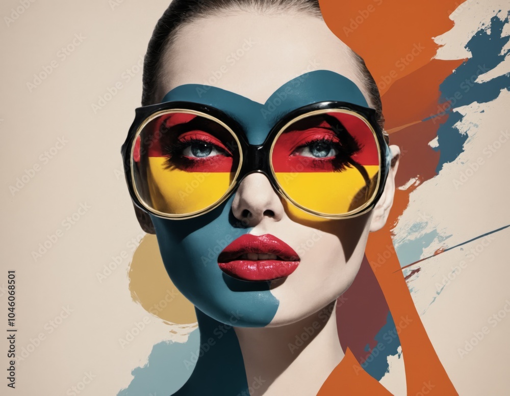 vibrant artistic portrait of a woman wearing oversized red sunglasses and colorful floral accents. Bold brushstrokes and splashes of color create a dynamic, modern pop art style vibrant artistic portrait of a woman wearing oversized red sunglasses and colorful floral accents. Bold brushstrokes and splashes of color create a dynamic, modern pop art style