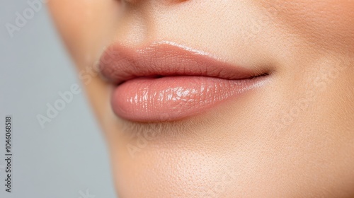 A close-up image showcasing a pair of lips with natural skin tone, wearing glossy nude lipstick, emphasizing beauty and cosmetics in perfect lighting and composition.