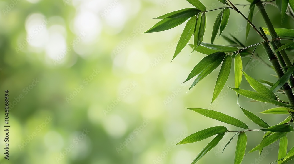 Naklejka premium A serene view of green bamboo leaves in focus against a blurred, softly lit green background, capturing a peaceful and refreshing ambiance of nature.