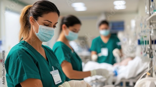 Two nurses are seen preparing medical equipment in a hospital ward, focused on their duties with patients in bed and other medical staff working in the background.