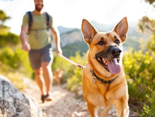 A person and their German shepherd hike along a scenic nature trail, with the lush greenery and bright sky providing a backdrop for outdoor adventure and companionship. photo