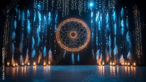 Dreamcatcher Wedding Stage with Hanging Feathers and Beads A large dreamcatcher hangs in the center, with feathers and beads softly illuminated by hidden lights. photo