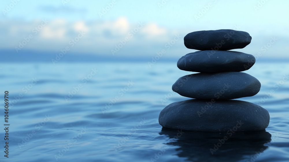 Minimalist stacked stones over blue sea at dusk Minimalist stacked stones over blue sea at dusk