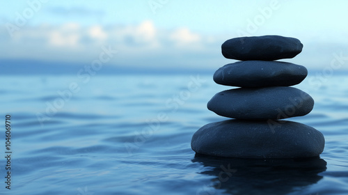 Minimalist stacked stones over blue sea at dusk