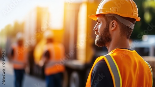 A construction worker wearing a hard hat and safety vest attentively oversees the scene, amidst a fleet of trucks, capturing professionalism and vigilance. photo