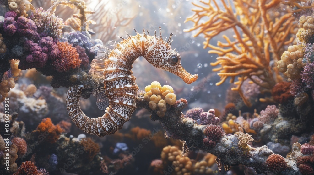 Mysterious Seahorse in Vibrant Coral Reef Scene Mysterious Seahorse in Vibrant Coral Reef Scene