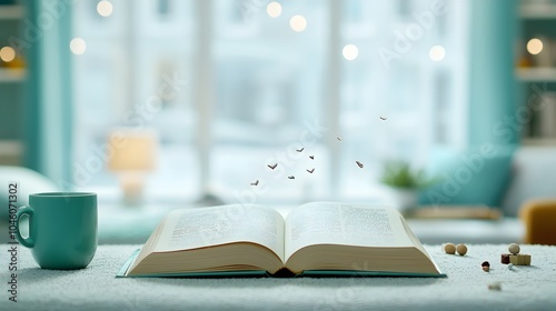 Mystical book opening in a softly lit dreamy bokeh environment creating a magical mood filled with mystery and imagination  The scene evokes a sense of enchantment