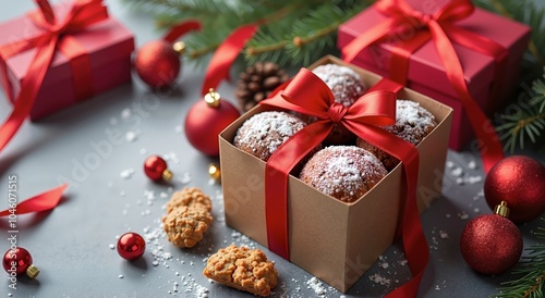 Christmas gifts with festive treats and decorations