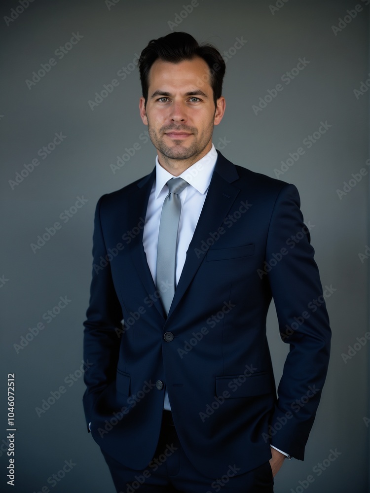 Confident Businessman in Formal Suit Against Gray Background Confident Businessman in Formal Suit Against Gray Background