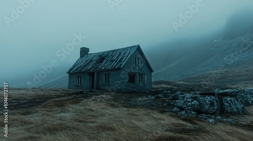 Lonely Stone House in a Foggy Landscape