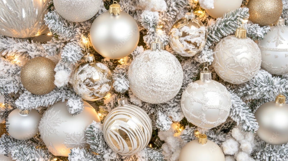 Elegant White Christmas Ornaments on a Festive Tree Elegant White Christmas Ornaments on a Festive Tree