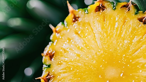   A detailed image of a juicy pineapple fruit, adorned with droplets of sparkling water, against the backdrop of a lush green foliage