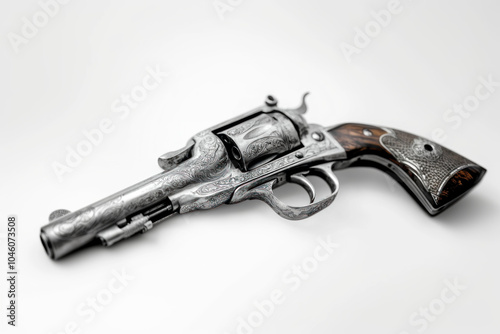 Revolver with gun atop it, on a wooden table against a dark backdrop, with dramatic lighting accentuating details. photo