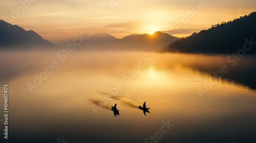  A few people enjoying a boat ride in the middle of a lake, surrounded by cloudy skies