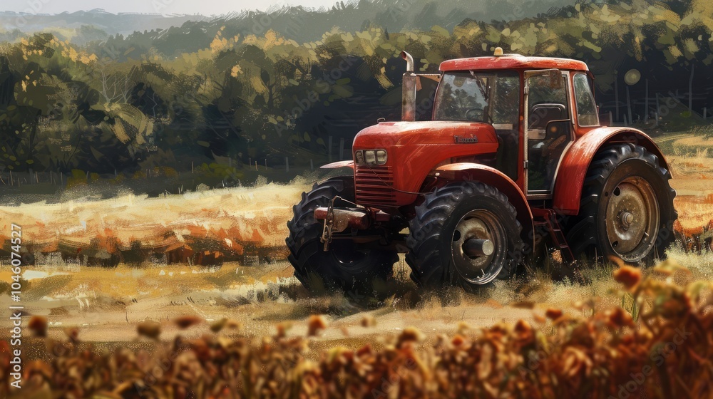 Fototapeta premium Red Tractor in a Field
