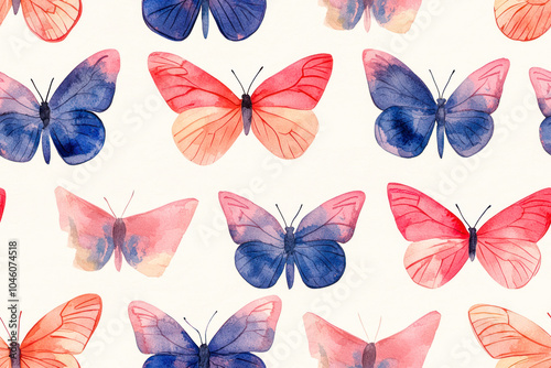 Seamless butterfly watercolor pattern. Vintage flying insect summer background.