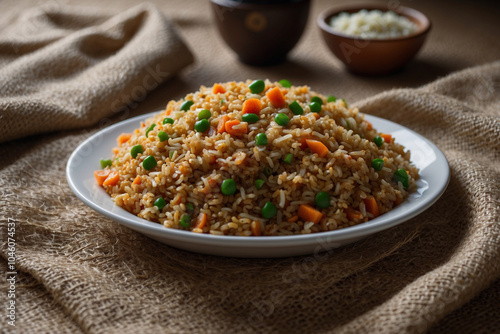 Fried rice served on a white plate on a table covered with burlap