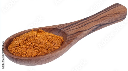 Turmeric powder (Curcuma longa linn) in a wooden spoon, isolated on a white background