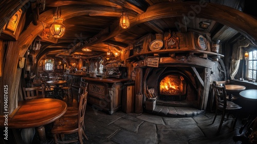 Cozy Tavern with Warm Fireplace and Rustic Decor