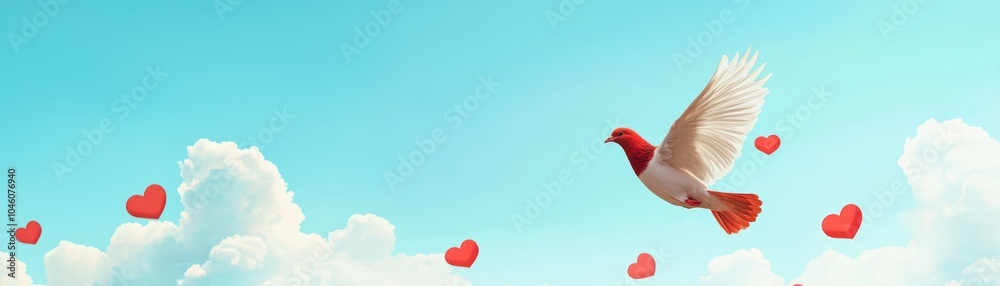 Fototapeta premium A bird flying in a blue sky with hearts floating around, symbolizing love and freedom.