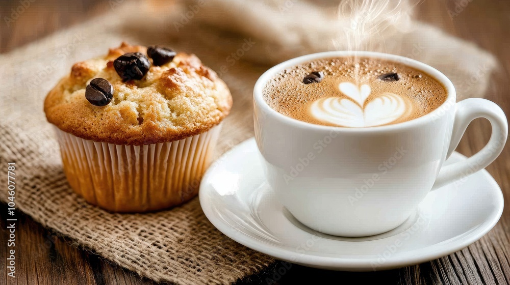 Fresh Coffee and Muffin on Rustic Table Setting Fresh Coffee and Muffin on Rustic Table Setting