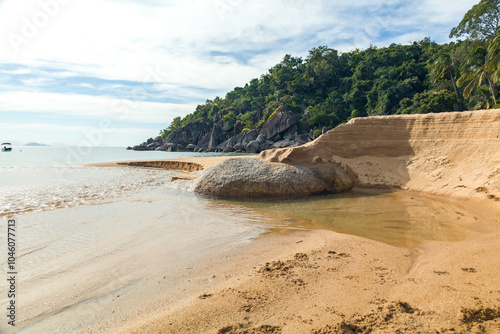 Beautiful view of Jabaquara beach in Ilhabela on tropical island on the Brazilian sea coast during a sunny day of vacation and sightseeing trip. photo