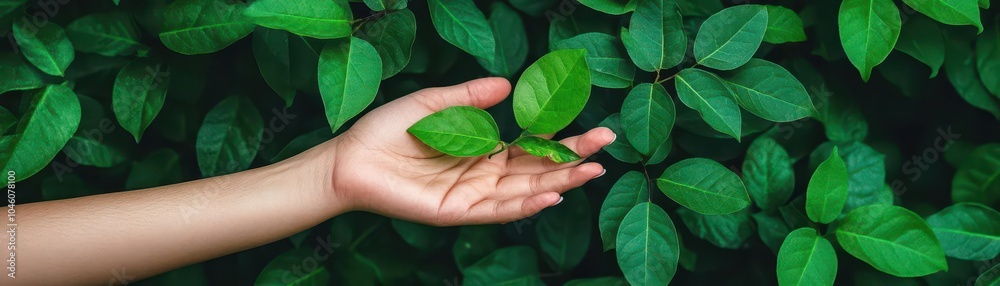 Hand reaching out, blending with vibrant green leaves close up, focus on, copy space lively forest greens Double exposure silhouette with jungle leaves Hand reaching out, blending with vibrant green leaves close up, focus on, copy space lively forest greens Double exposure silhouette with jungle leaves