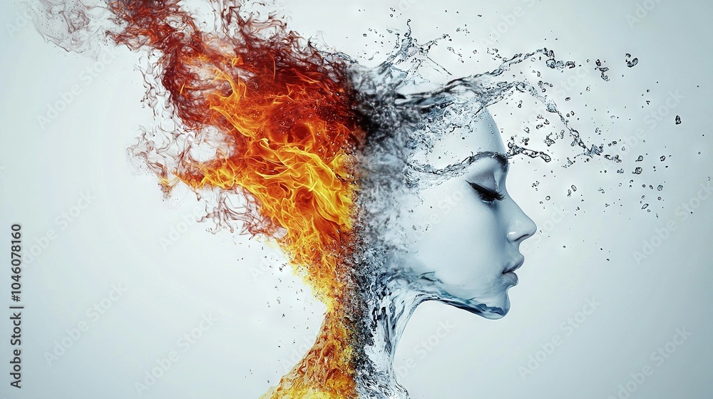 A woman's face with flames erupting from one side and water cascading from her features A woman's face with flames erupting from one side and water cascading from her features