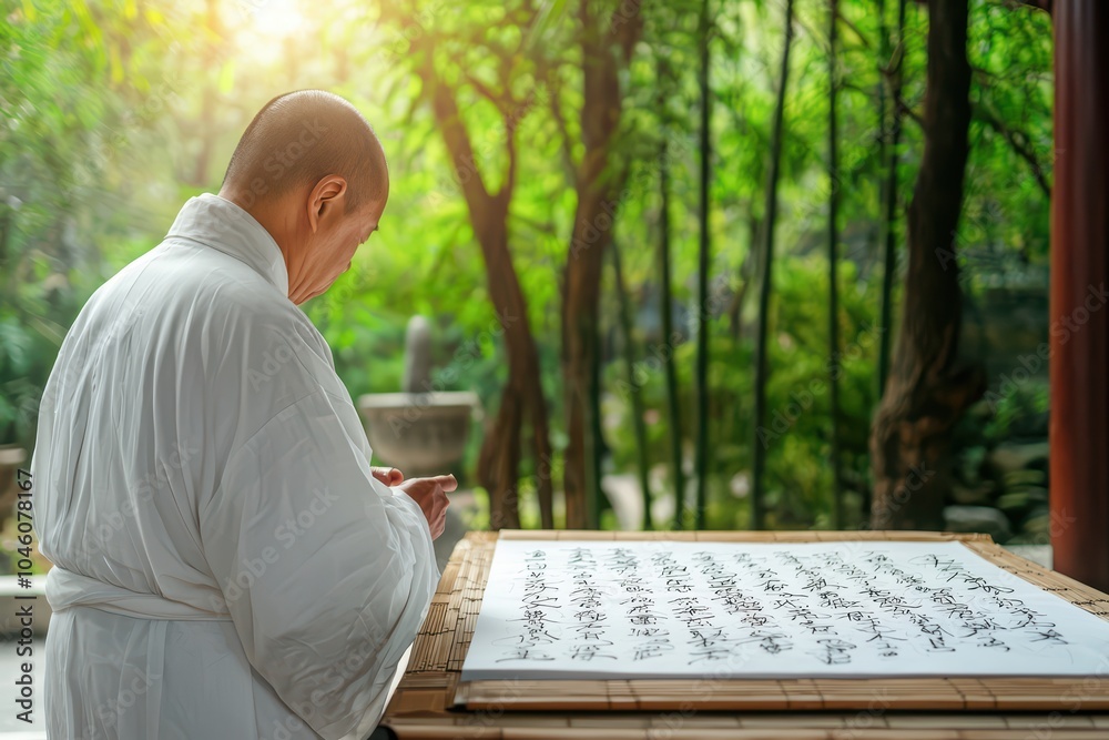 A monk in a serene garden, practicing calligraphy with sunlight filtering through the trees. A monk in a serene garden, practicing calligraphy with sunlight filtering through the trees.