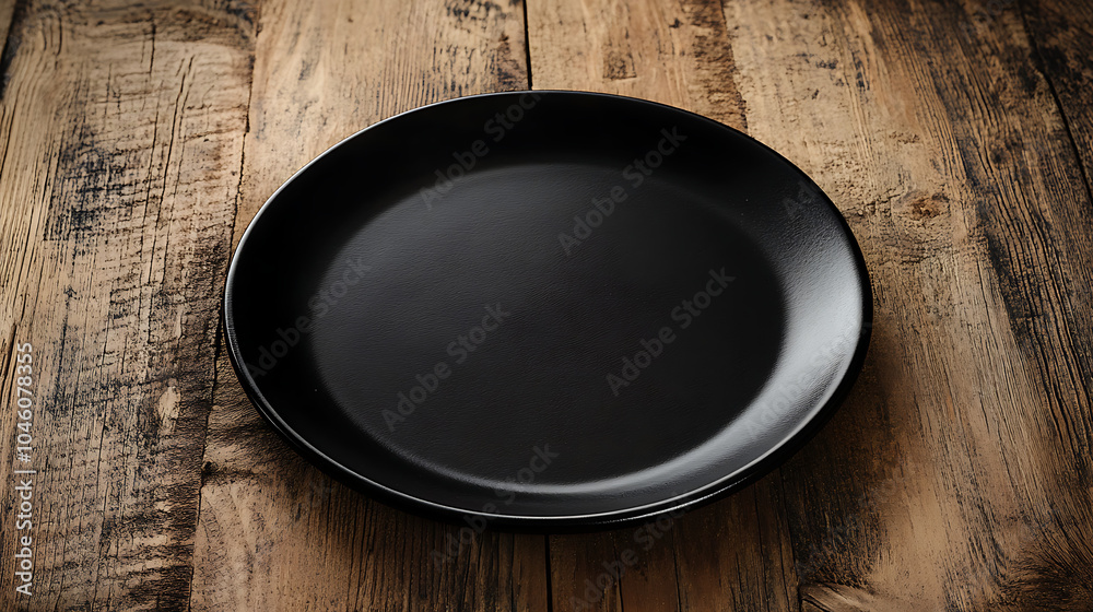 empty black plate isolated on a wooden table empty black plate isolated on a wooden table