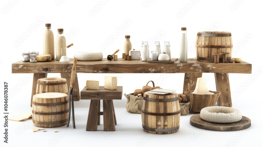 Naklejka premium Rustic Table Setting with Dairy Products
