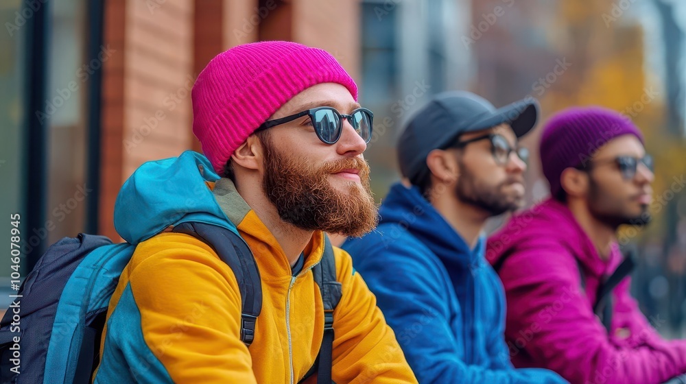 Delivery riders waiting outside, drenched in sweat as they rest between orders in the midday sun advanced tone, triadic color scheme Delivery riders waiting outside, drenched in sweat as they rest between orders in the midday sun advanced tone, triadic color scheme