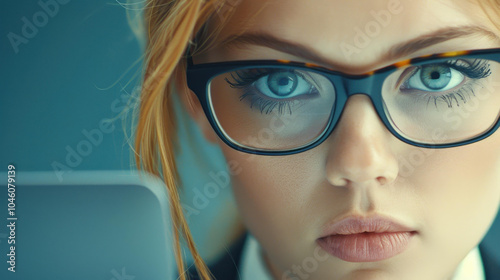 A stunning young woman in elegant attire focused on her laptop, showcasing professionalism in a modern office setting.