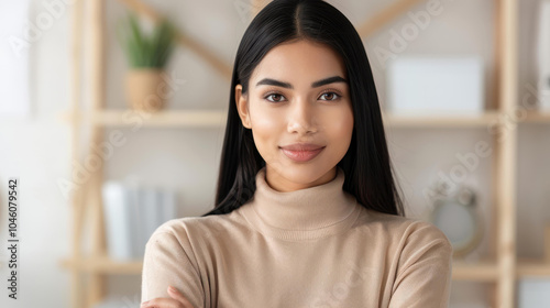 A confident woman in a chic beige sweater poses in her stylish home office, exuding warmth and elegance. Free Download A confident woman in a chic beige sweater poses in her stylish home office, exuding warmth and elegance. - GFXLoad