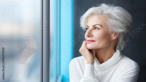 Free Download Radiant middleaged woman in a bathrobe, enjoying a moment of serenity while promoting skin care and wellness. - GFXLoad