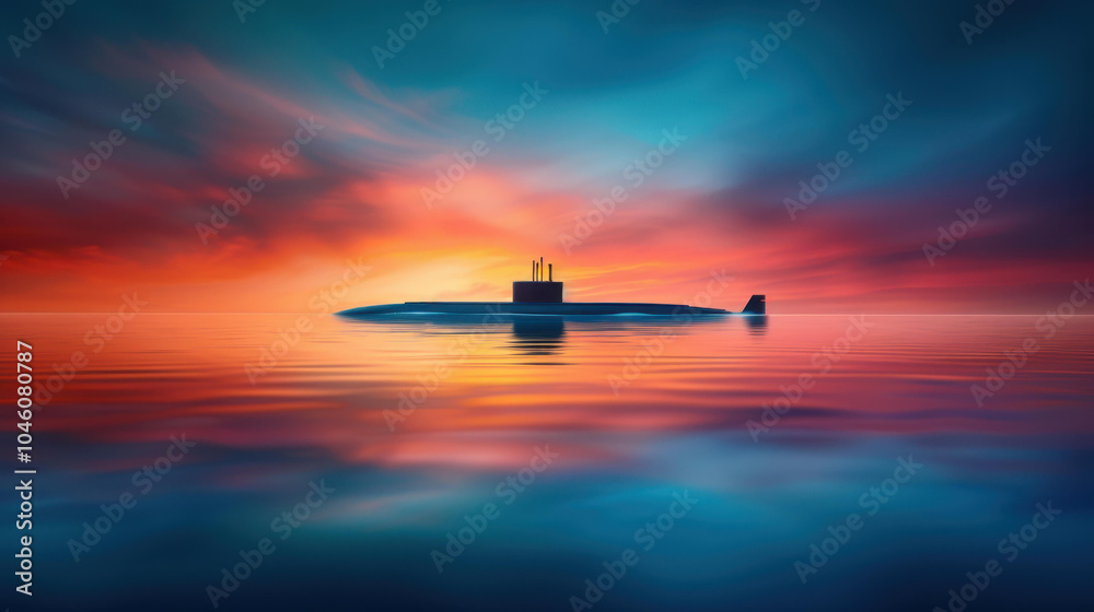 A majestic naval submarine breaks the surface at sunset, casting a silhouette against the cloudy sky. A majestic naval submarine breaks the surface at sunset, casting a silhouette against the cloudy sky.