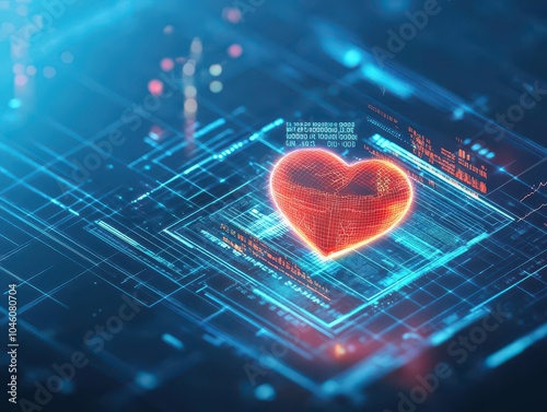 A glowing heart model with digital data overlays, isometric view, cool blue lighting, futuristic HUD interface