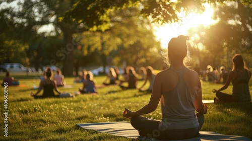 People attending a community yoga class in a park, highlighting wellness and collective participation