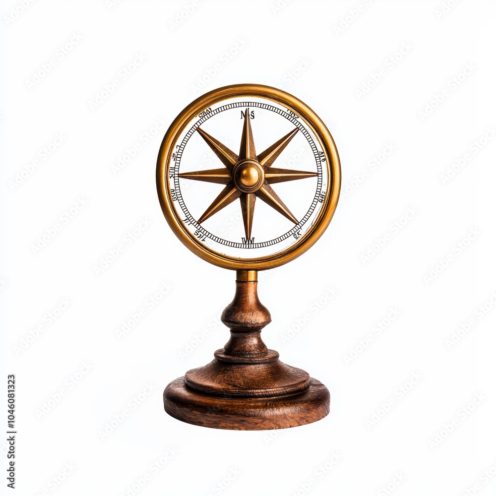 Obraz premium Antique compass on a wooden base, with a golden compass rose, isolated on white background.