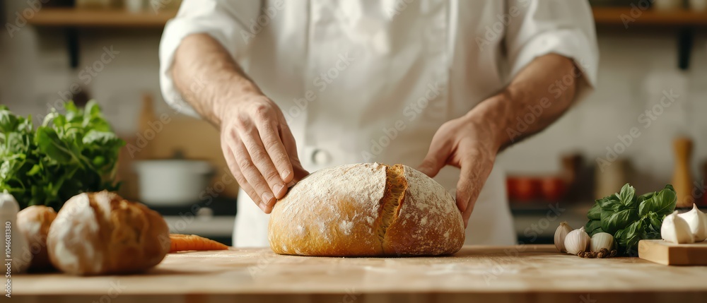 Baker preparing fresh bread on wooden table with ingredients in kitchen. Baker preparing fresh bread on wooden table with ingredients in kitchen.