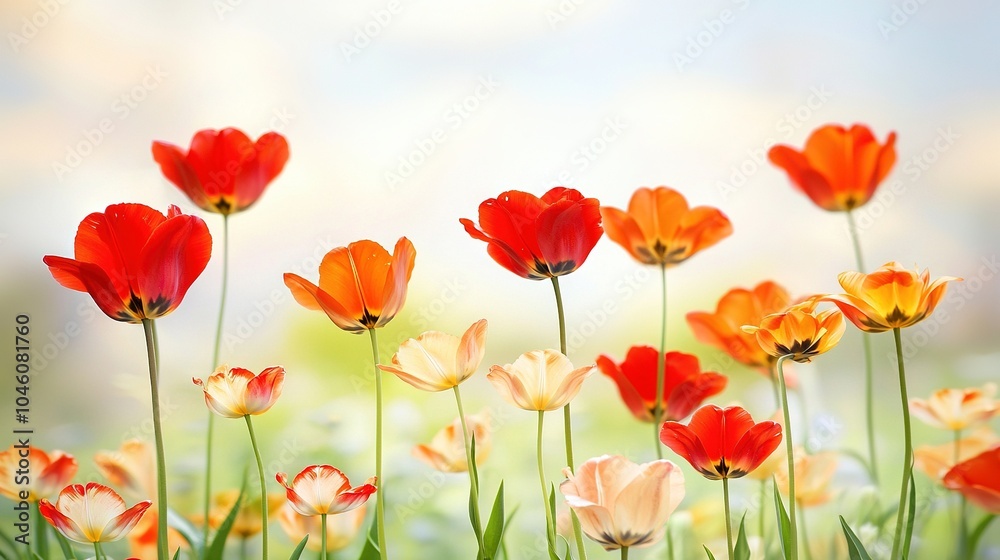 Fototapeta premium A field of red and yellow tulips on a sunny day with a blurry sky in the back