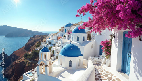 A scenic Santorini house with bougainvillea, blue domes, and Aegean Sea, ideal for tourism.

