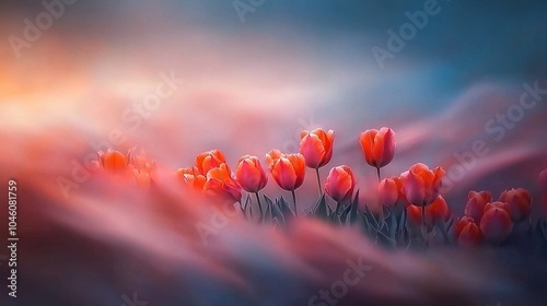  A stunning artwork portrays a cluster of vibrant red tulips swaying in an open meadow beneath a clear blue sky dotted with fluffy white clouds